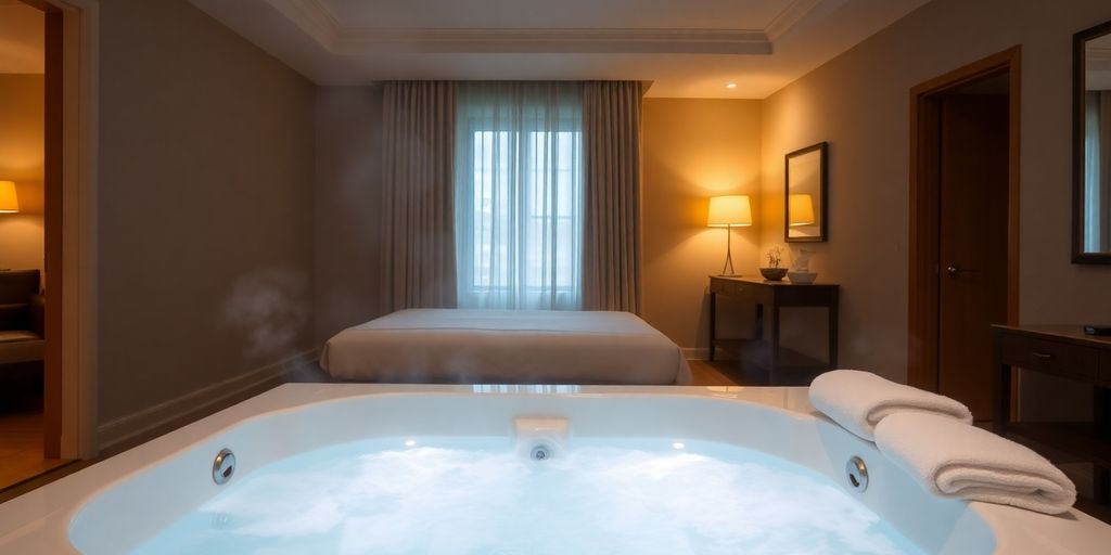 Luxurious hotel room with a bubbling spa tub.