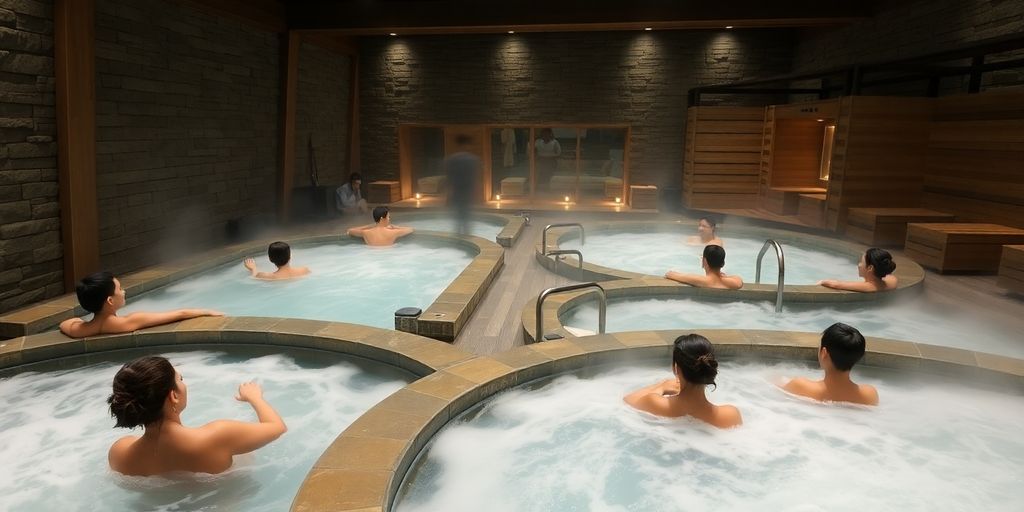 Steaming hot tubs in a serene Korean spa.
