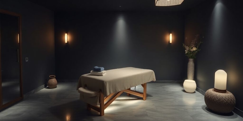 Serene spa setting with soft lighting and a plush massage table.