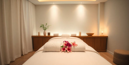 Luxurious spa treatment room with massage table.