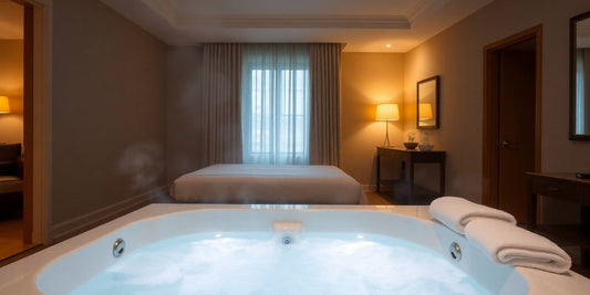 Luxurious hotel room with a bubbling spa tub.