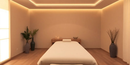 Serene spa room with massage table and soft lighting.