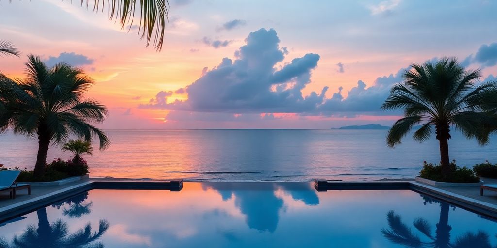 Serene spa pool overlooking tropical beach at sunset.