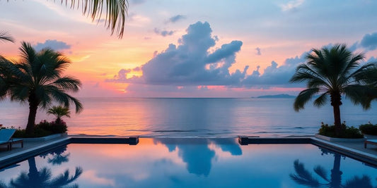 Serene spa pool overlooking tropical beach at sunset.