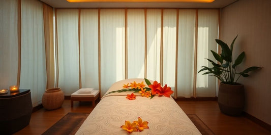 Serene spa treatment room with massage table and tropical flowers.