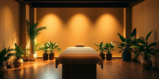 Serene spa room with massage table and soft lighting.