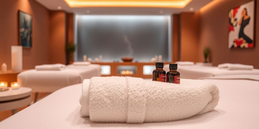 Serene spa interior with massage beds and soft lighting.