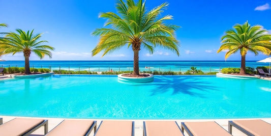 Luxury resort pool with palm trees and ocean view.