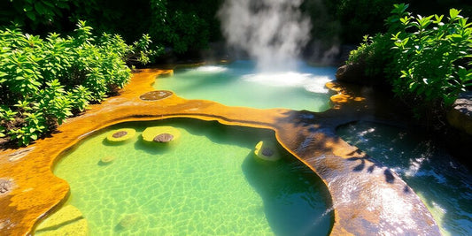Steaming mineral pools surrounded by lush greenery.