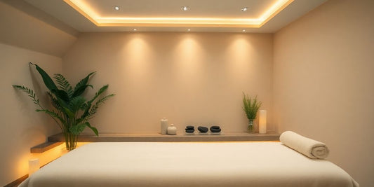 Serene spa room with massage table and soft lighting.