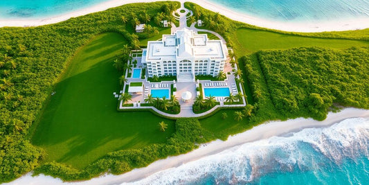 Luxury resort with turquoise water and white architecture.