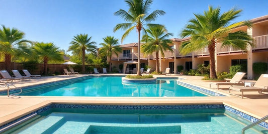 Serene spa pool surrounded by palm trees.