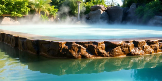 Steaming mineral pool surrounded by lush foliage and rocks.