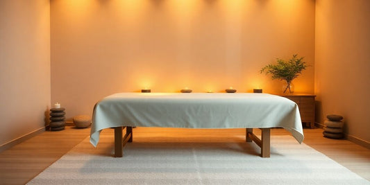 Relaxing spa room with massage table and soft lighting.