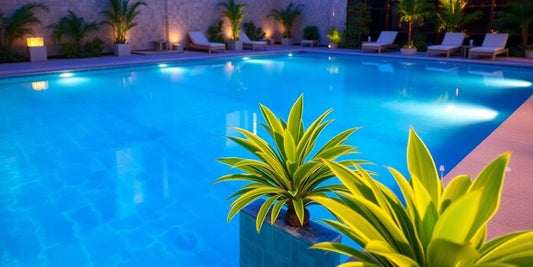 Serene spa pool with lush plants and soft lighting.