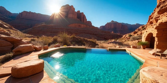 Serene desert spa pool reflecting Utah mountains.