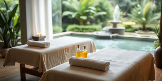 Relaxing couple enjoying a spa treatment together.
