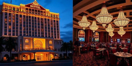 Luxurious hotel facade and opulent casino interior.